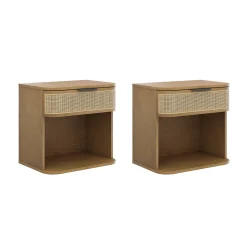 Curved Rattan Nightstand Set with Drawer Light Brown
