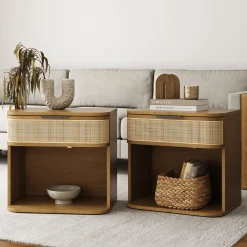 Curved Rattan Nightstand Set with Drawer Light Brown