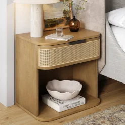 Curved Rattan Nightstand with 1 Drawer Light Brown
