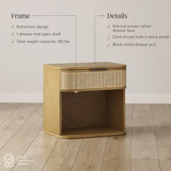 Curved Rattan Nightstand with 1 Drawer Light Brown
