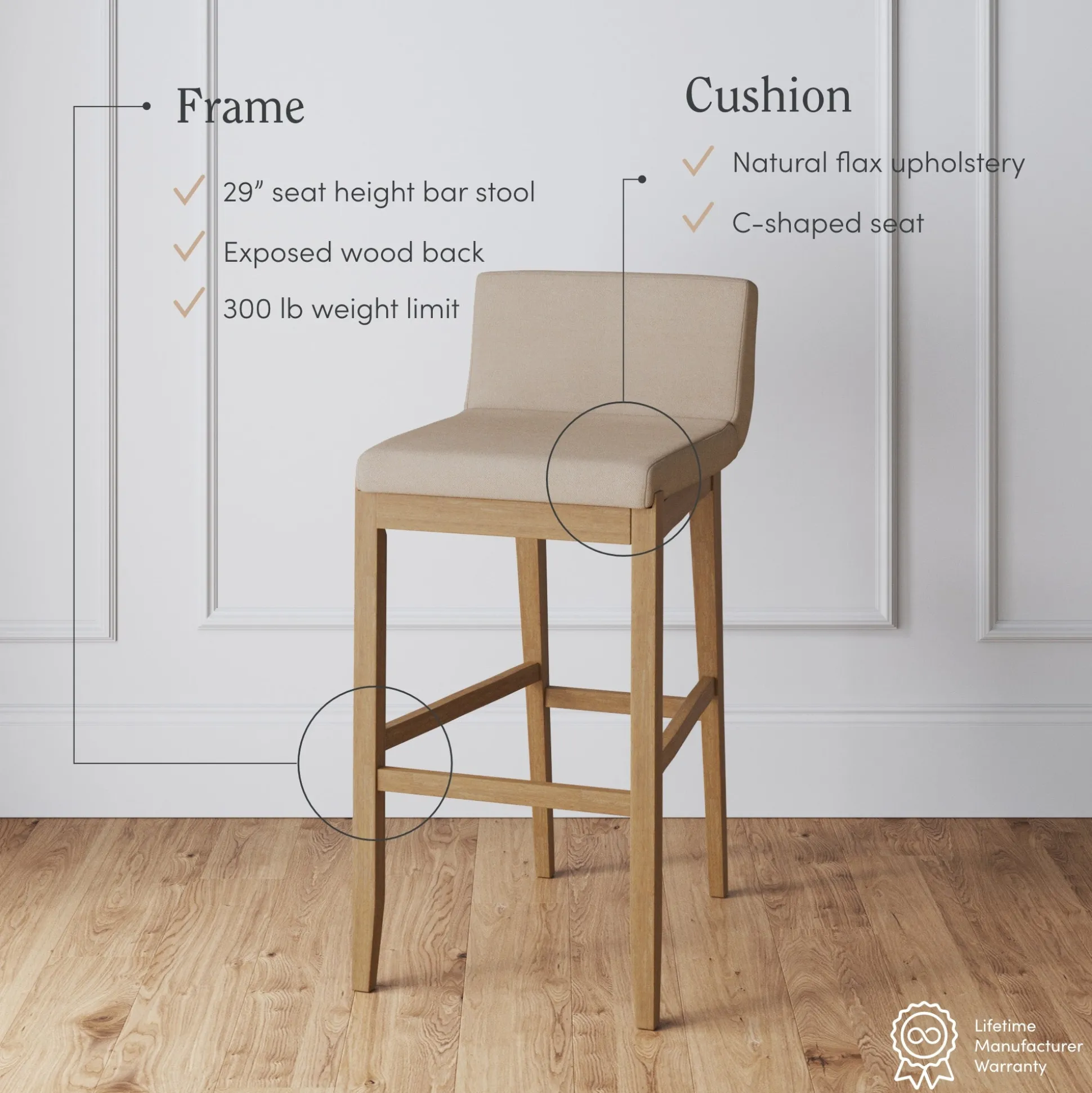 Exposed Wood Back Bar Stool Brown Flax
