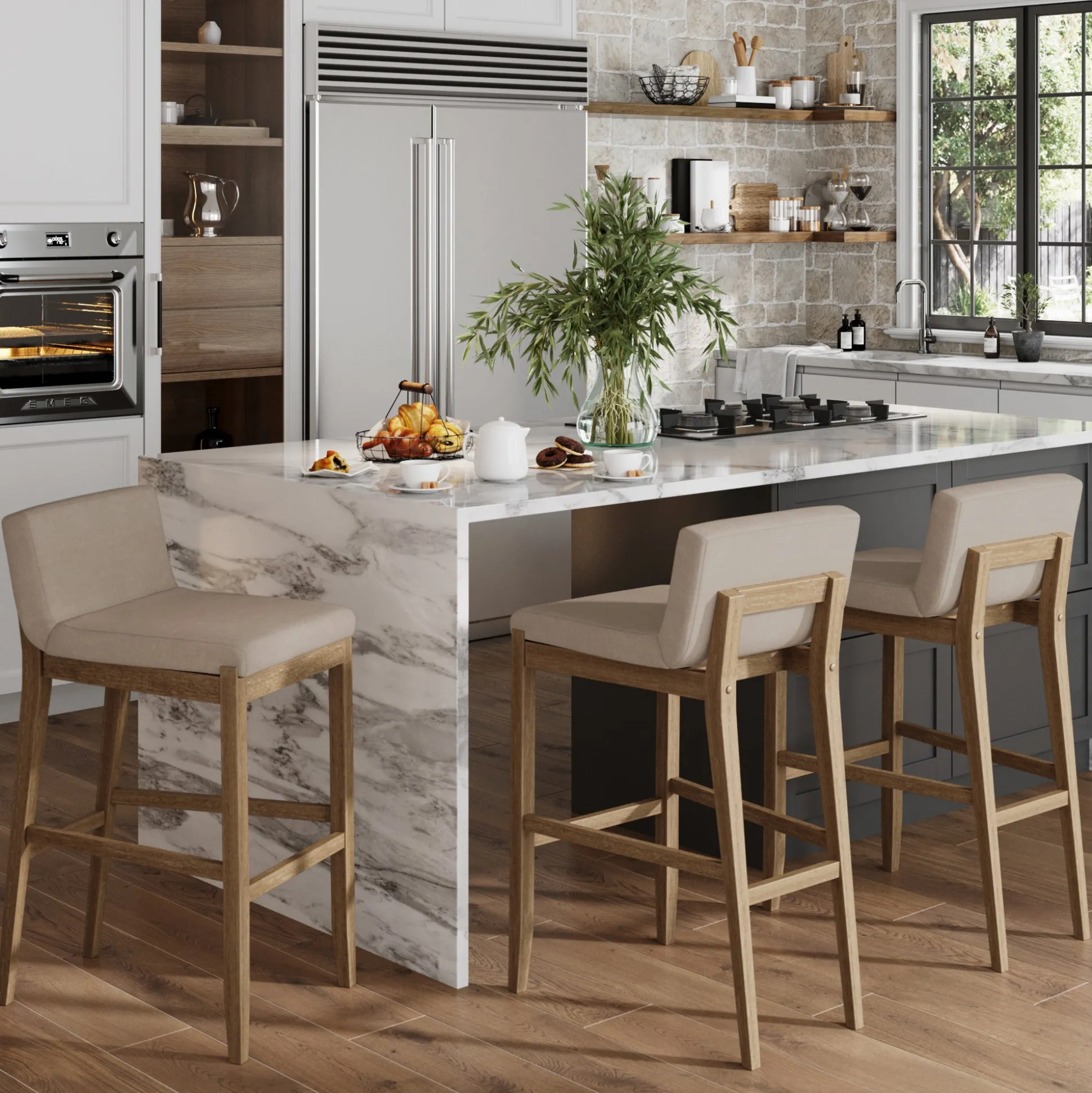 Exposed Wood Back Bar Stools Brown (Set of 3)
