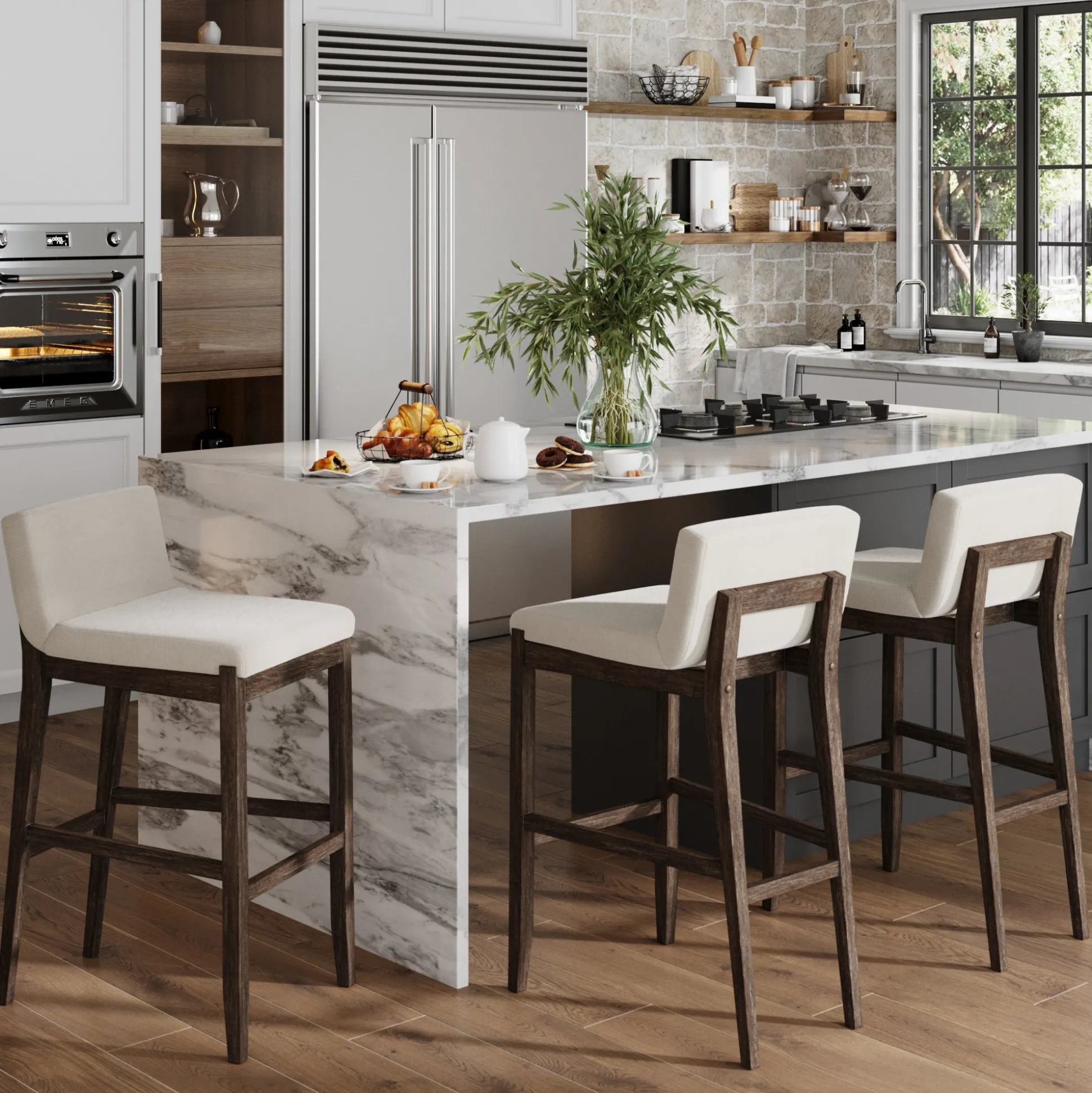 Exposed Wood Back Bar Stools Dark Brown (Set of 3)