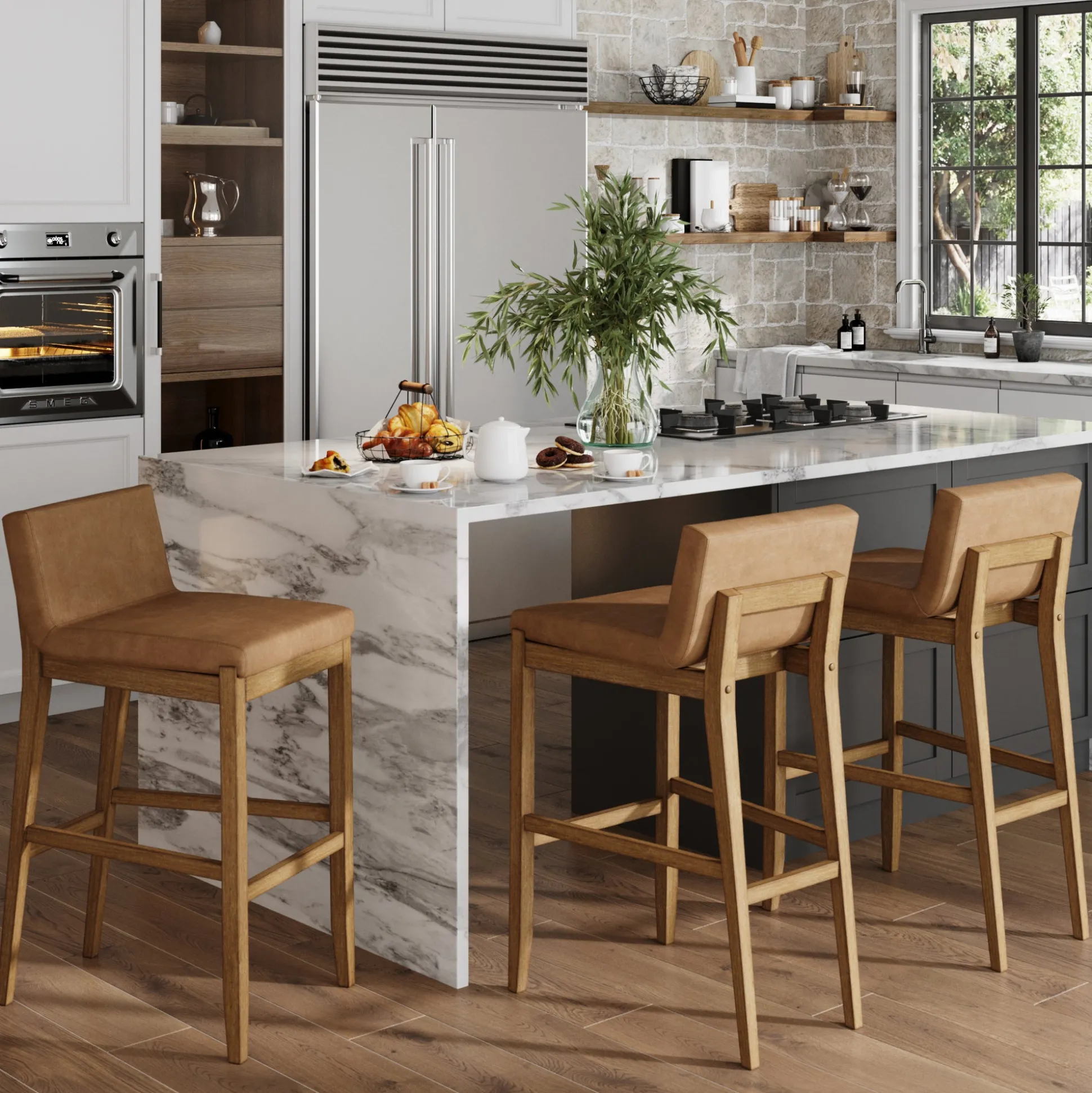 Exposed Wood Back Bar Stools Light Brown (Set of 3)