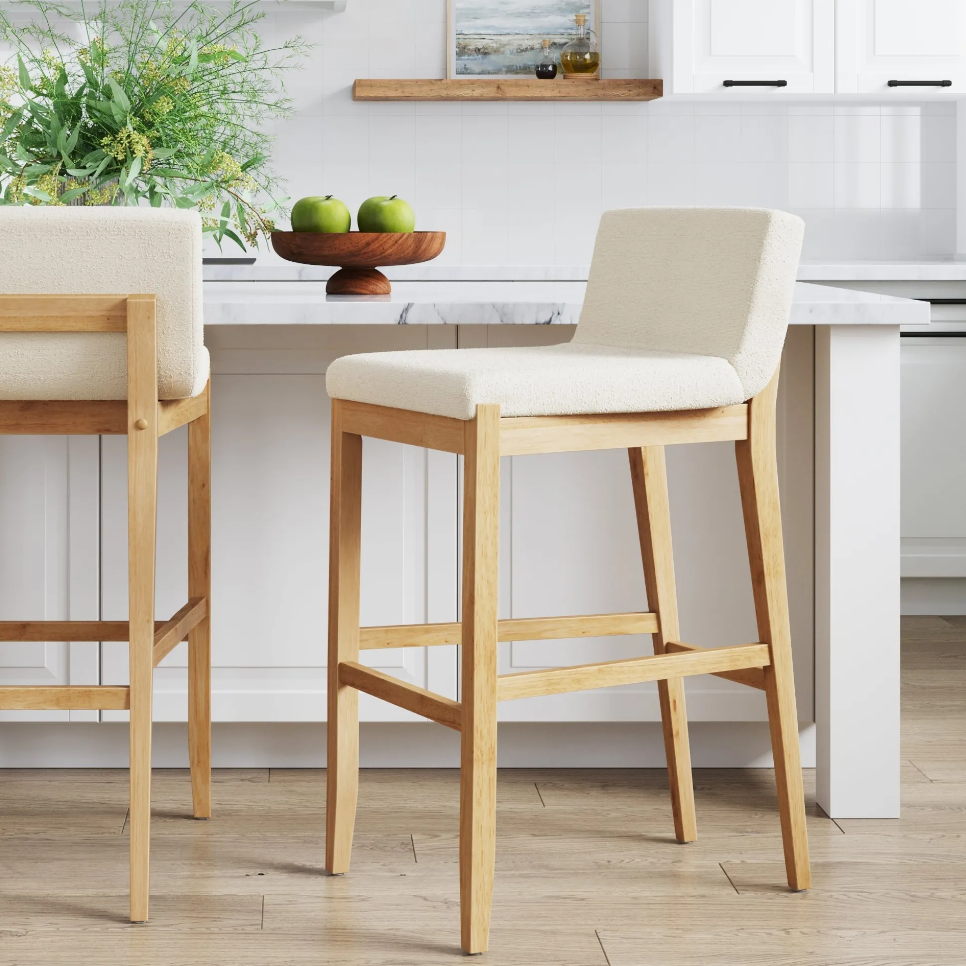 Exposed Wood Back Bar Stool Warm Pine Boucle