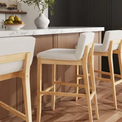 Exposed Wood Back Bar Stool Warm Pine Boucle