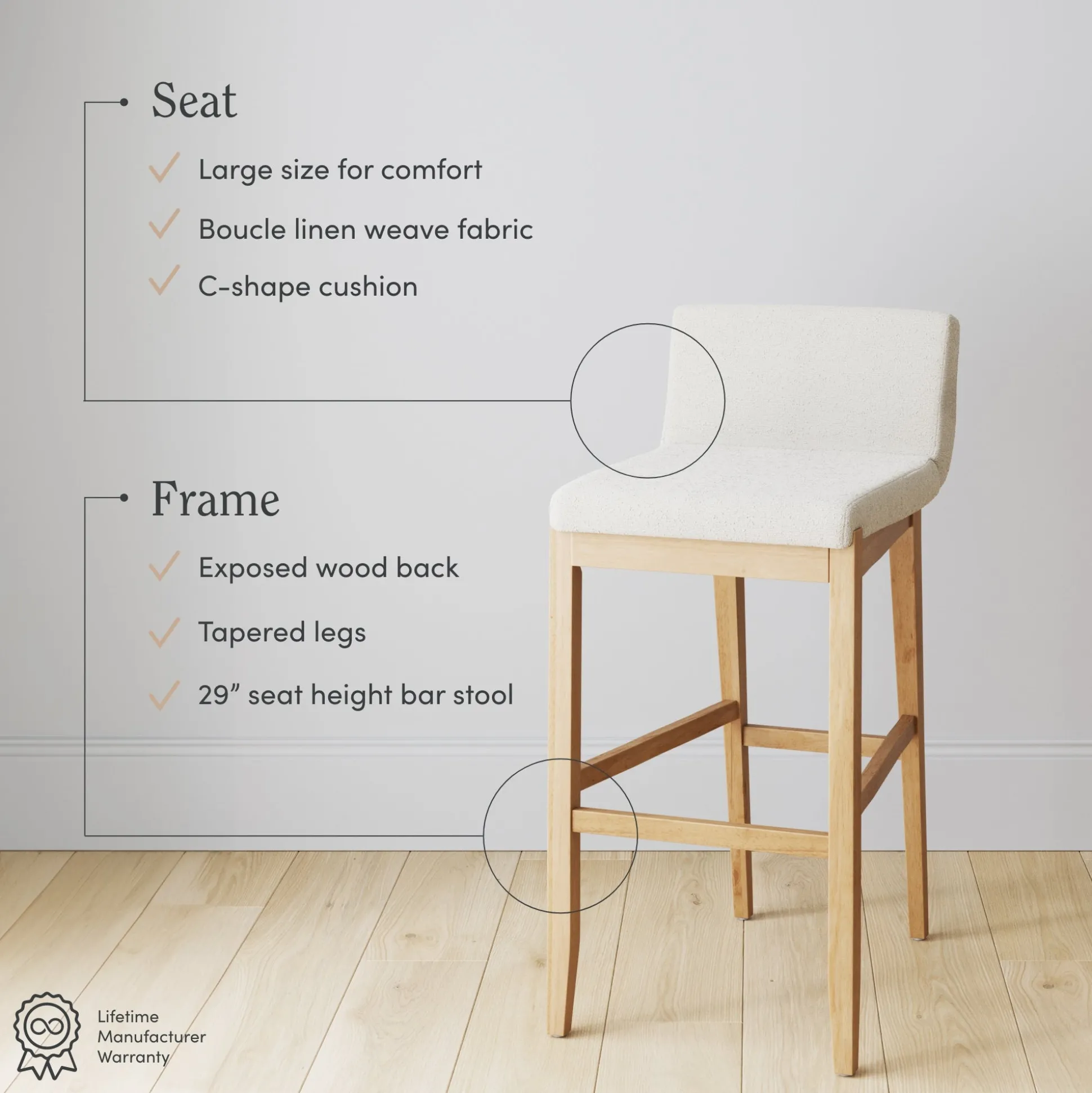 Exposed Wood Back Bar Stool Warm Pine Boucle