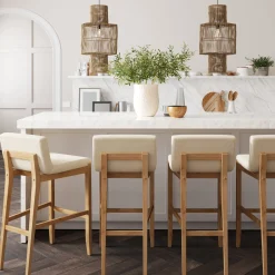 Exposed Wood Back Boucle Bar Stool Warm Pine Boucle (Set of 4)