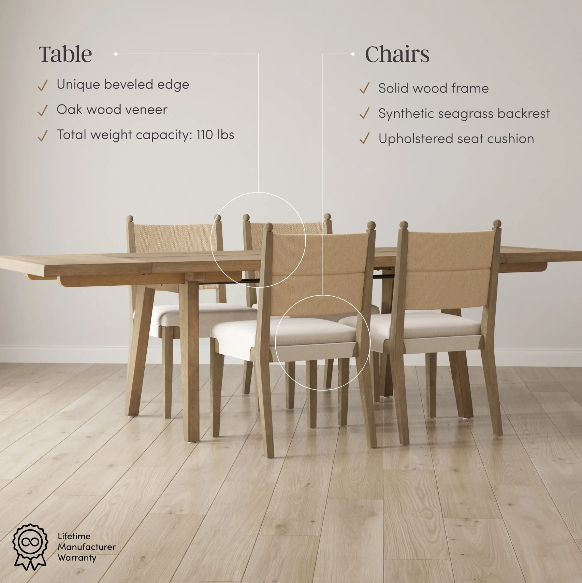 Extendable Bohemian Seagrass Dining Table Set (4 Chairs)