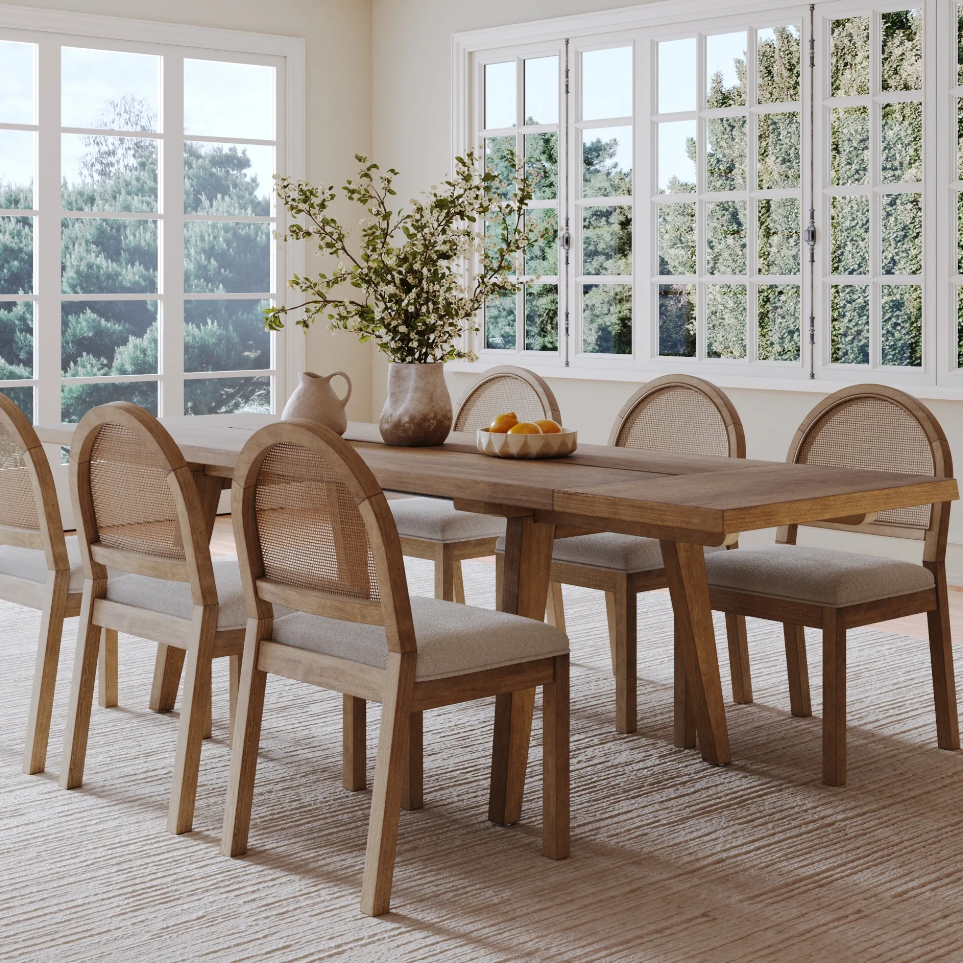 Extendable Boho Rattan Dining Table Set (6 Chairs)