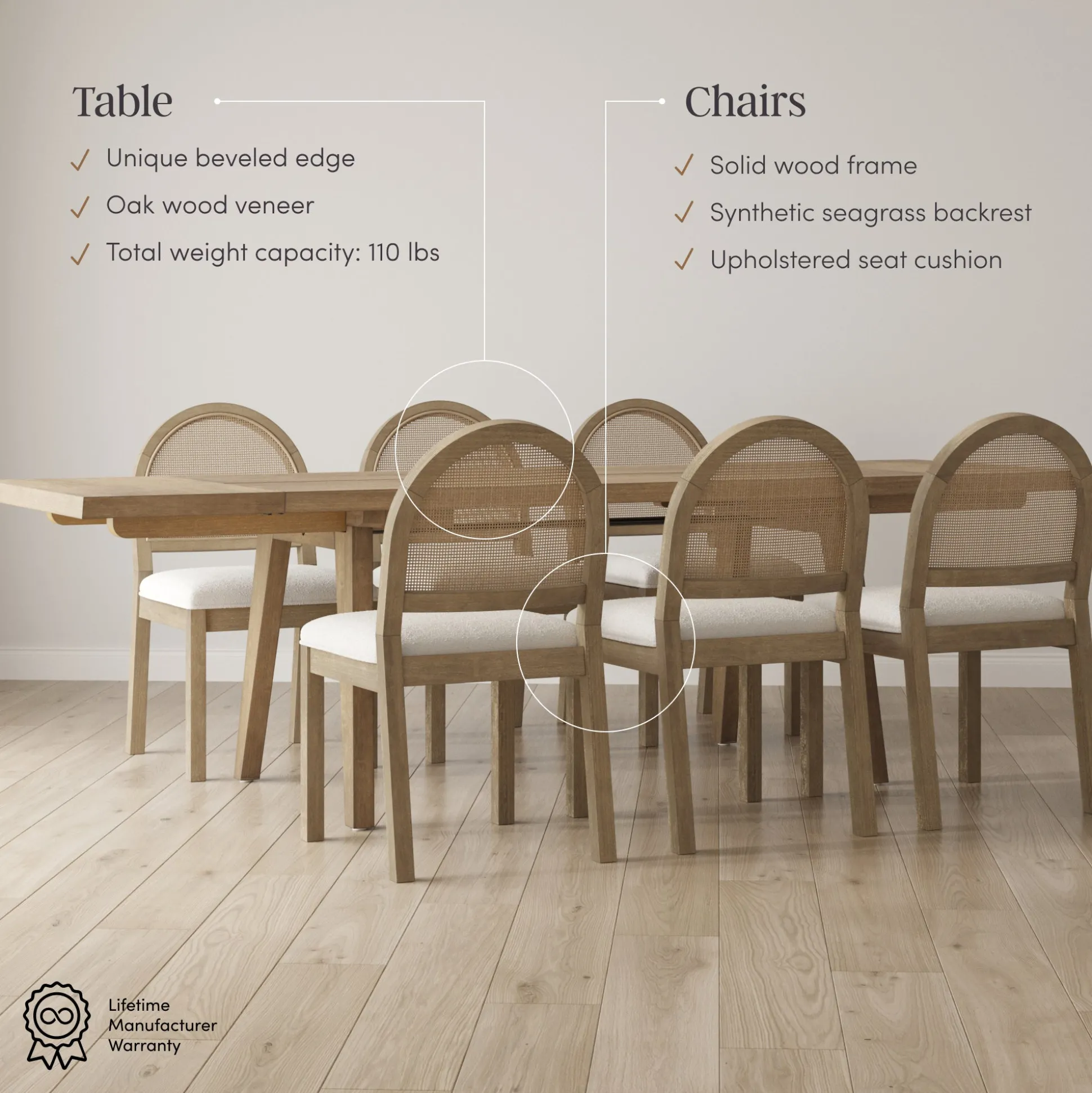 Extendable Boho Rattan Dining Table Set (6 Chairs)