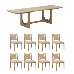 Extendable Mid-Century Flax Dining Table Set (8 Chairs)