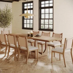 Extendable Mid-Century Flax Dining Table Set (8 Chairs)