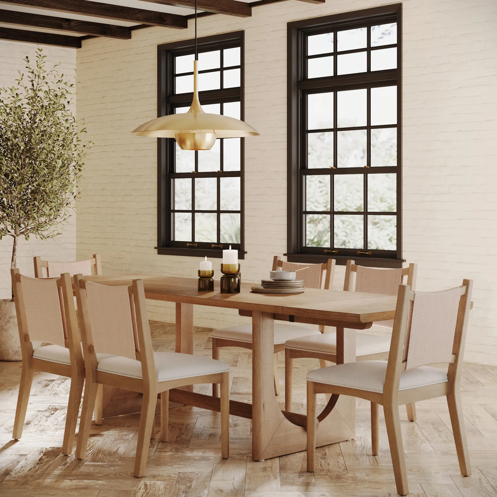 Extendable Mid-Century Flax Dining Table Set (6 Chairs)