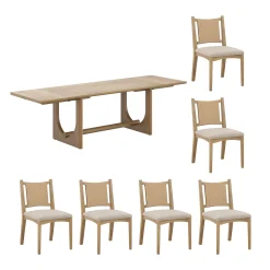 Extendable Mid-Century Flax Dining Table Set (6 Chairs)