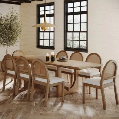 Extendable Mid-Century Rattan Dining Table Set (8 Chairs)