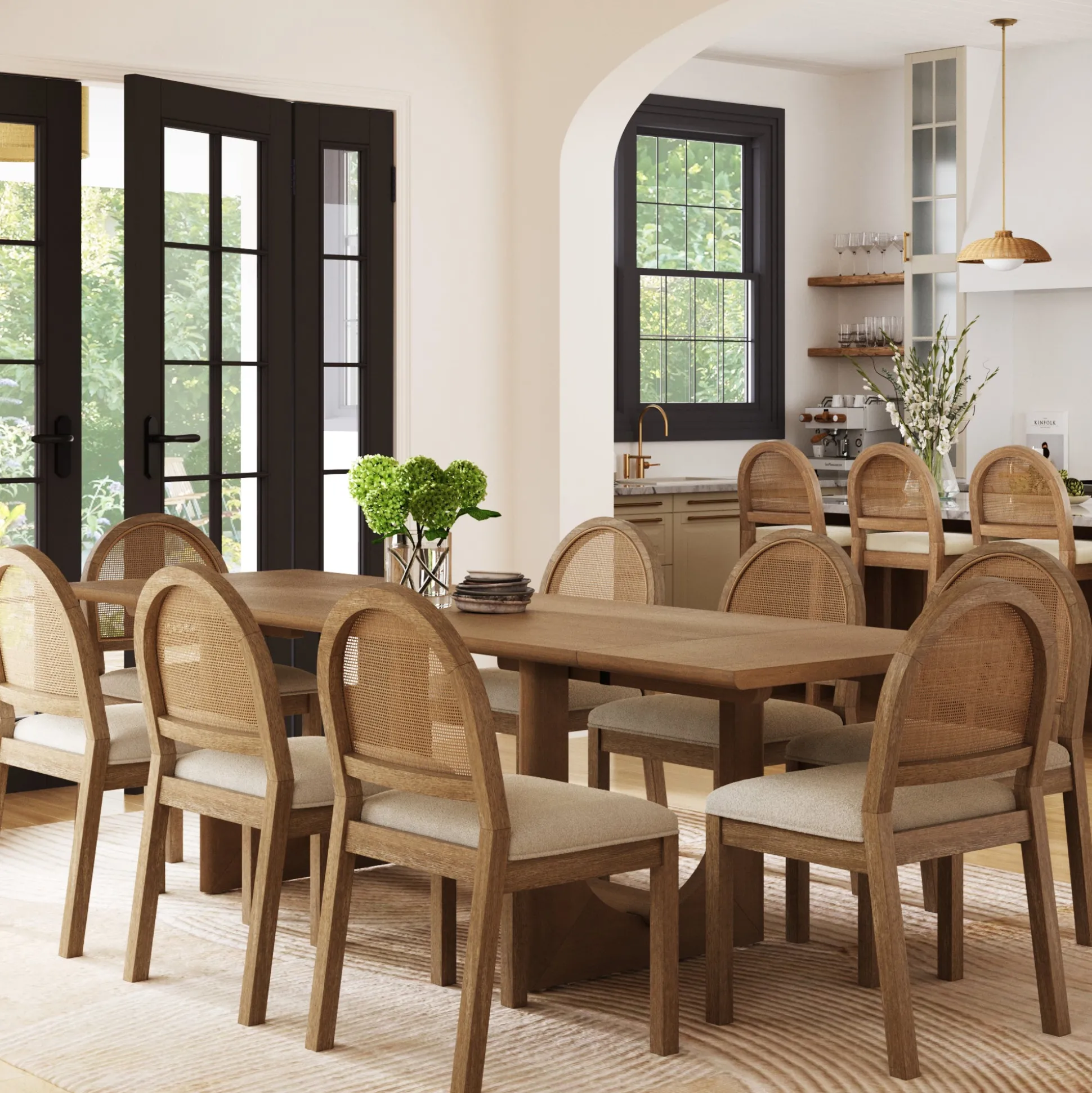 Extendable Mid-Century Rattan Dining Table Set (8 Chairs)