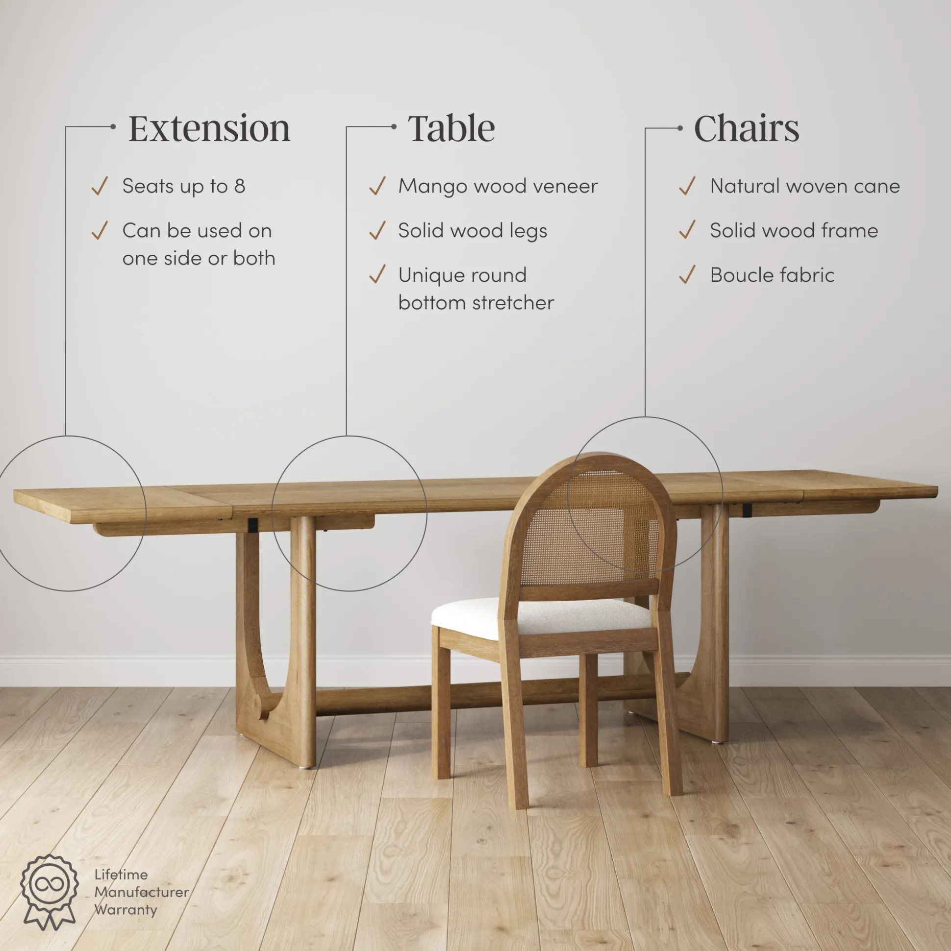 Extendable Mid-Century Rattan Dining Table Set (8 Chairs)