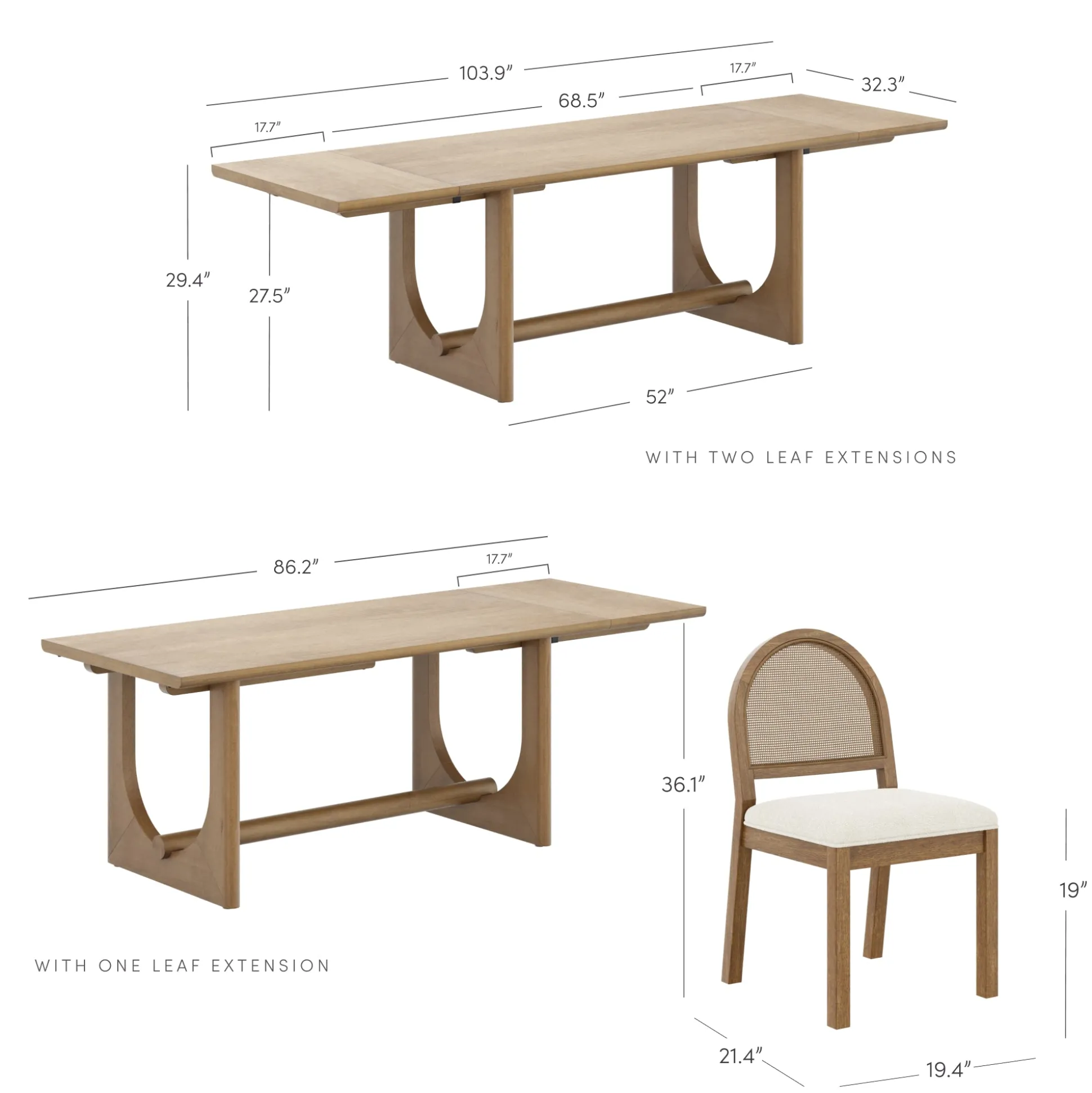 Extendable Mid-Century Rattan Dining Table Set (6 Chairs)