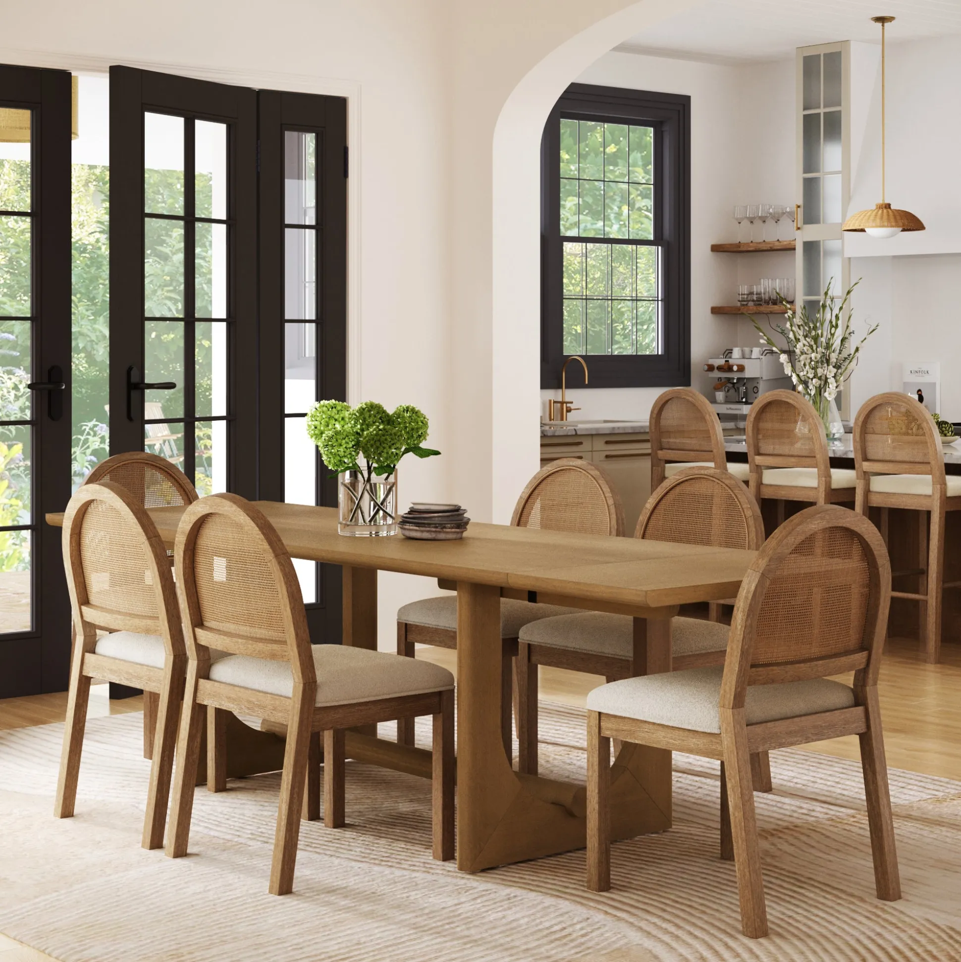 Extendable Mid-Century Rattan Dining Table Set (6 Chairs)