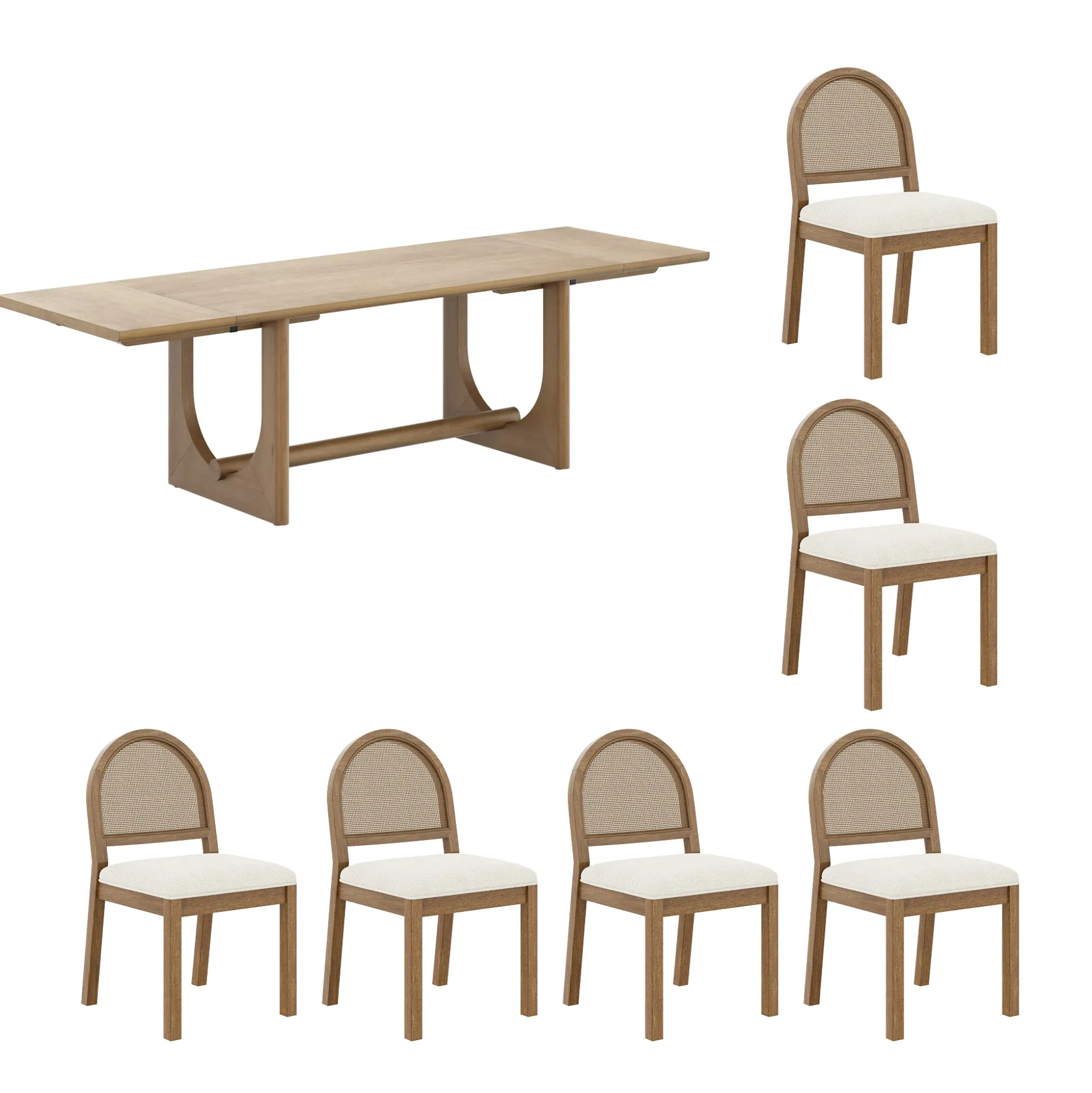 Extendable Mid-Century Rattan Dining Table Set (6 Chairs)