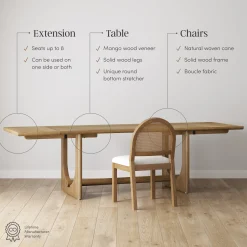 Extendable Mid-Century Rattan Dining Table Set (6 Chairs)