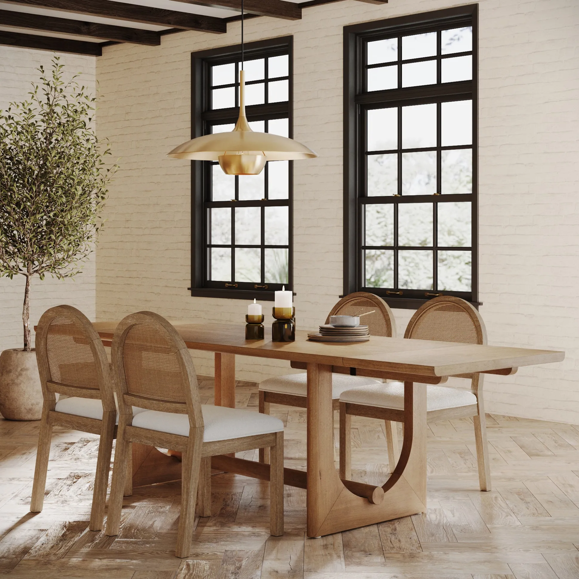 Extendable Mid-Century Rattan Dining Table Set (4 Chairs)