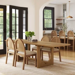 Extendable Mid-Century Rattan Dining Table Set (4 Chairs)