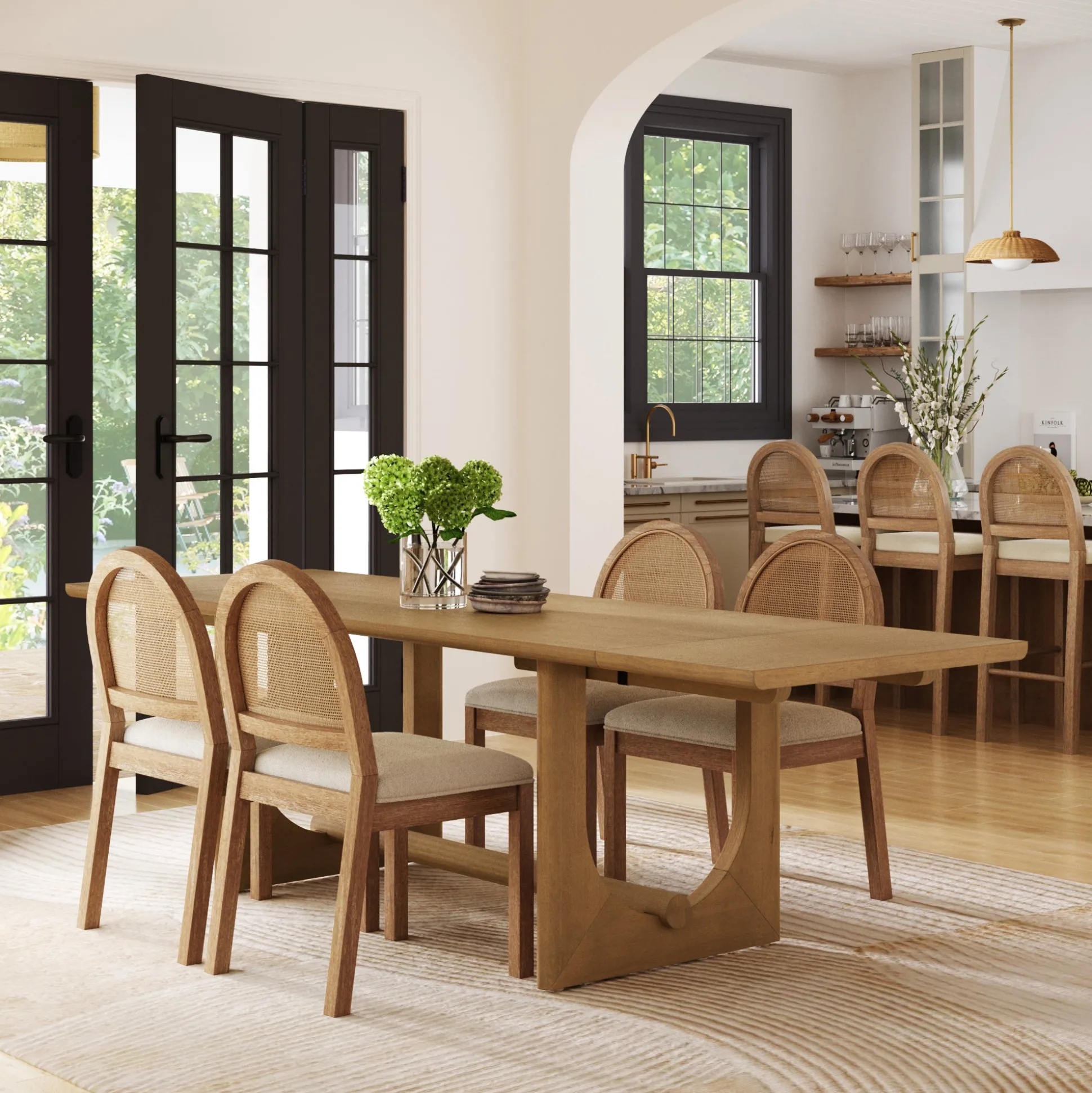 Extendable Mid-Century Rattan Dining Table Set (4 Chairs)