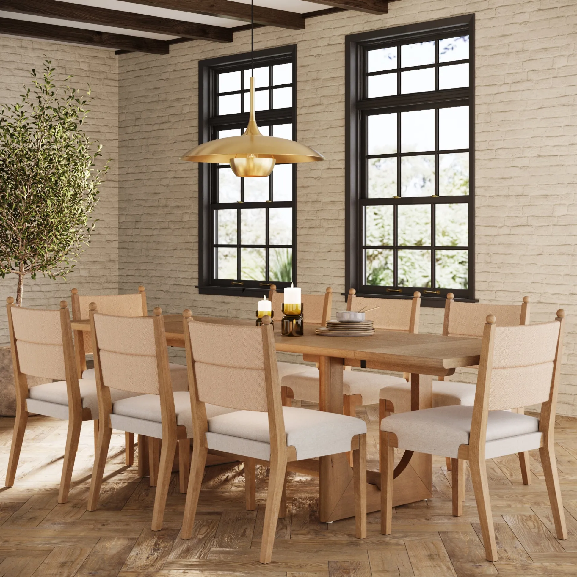 Extendable Mid-Century Seagrass Dining Table Set (8 Chairs)