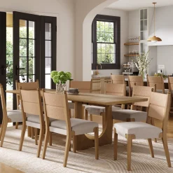 Extendable Mid-Century Seagrass Dining Table Set (8 Chairs)