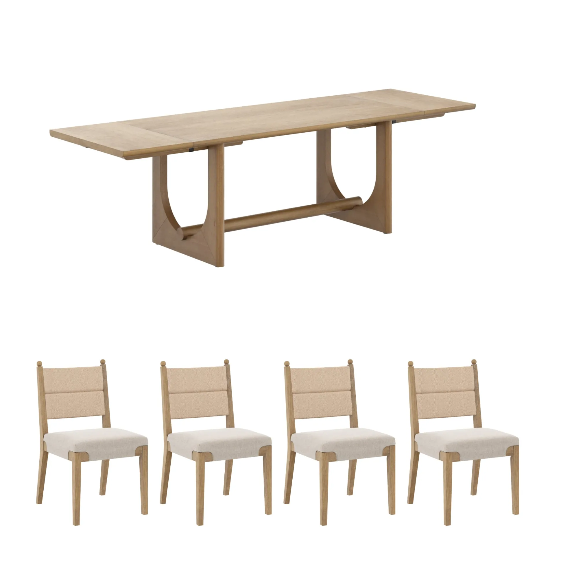 Extendable Mid-Century Seagrass Dining Table Set (4 Chairs)