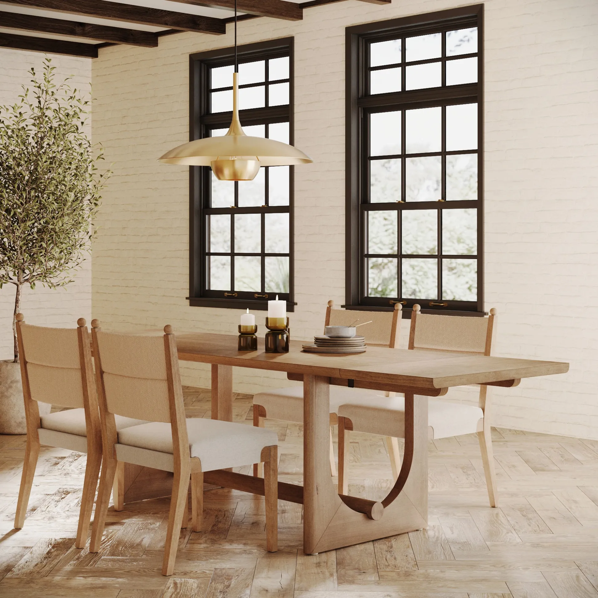 Extendable Mid-Century Seagrass Dining Table Set (4 Chairs)