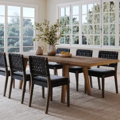 Extendable Woven Faux Leather Dining Set Black (6 Chairs)