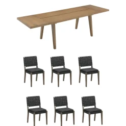 Extendable Woven Faux Leather Dining Set Black (6 Chairs)