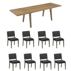 Extendable Woven Faux Leather Dining Set Black (8 Chairs)