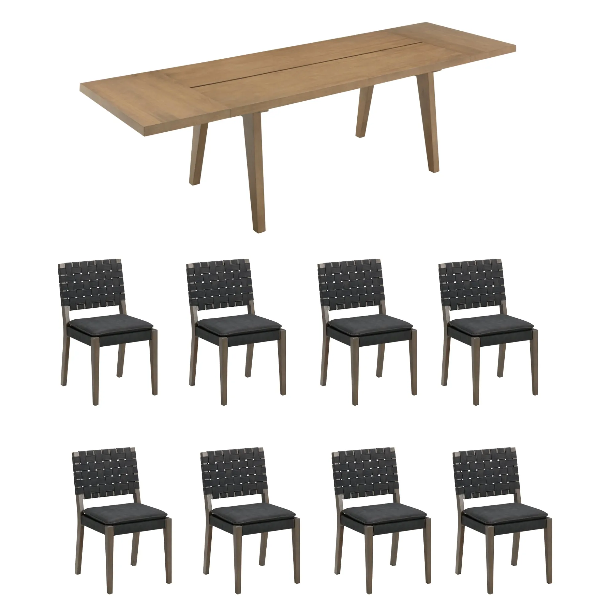Extendable Woven Faux Leather Dining Set Black (8 Chairs)