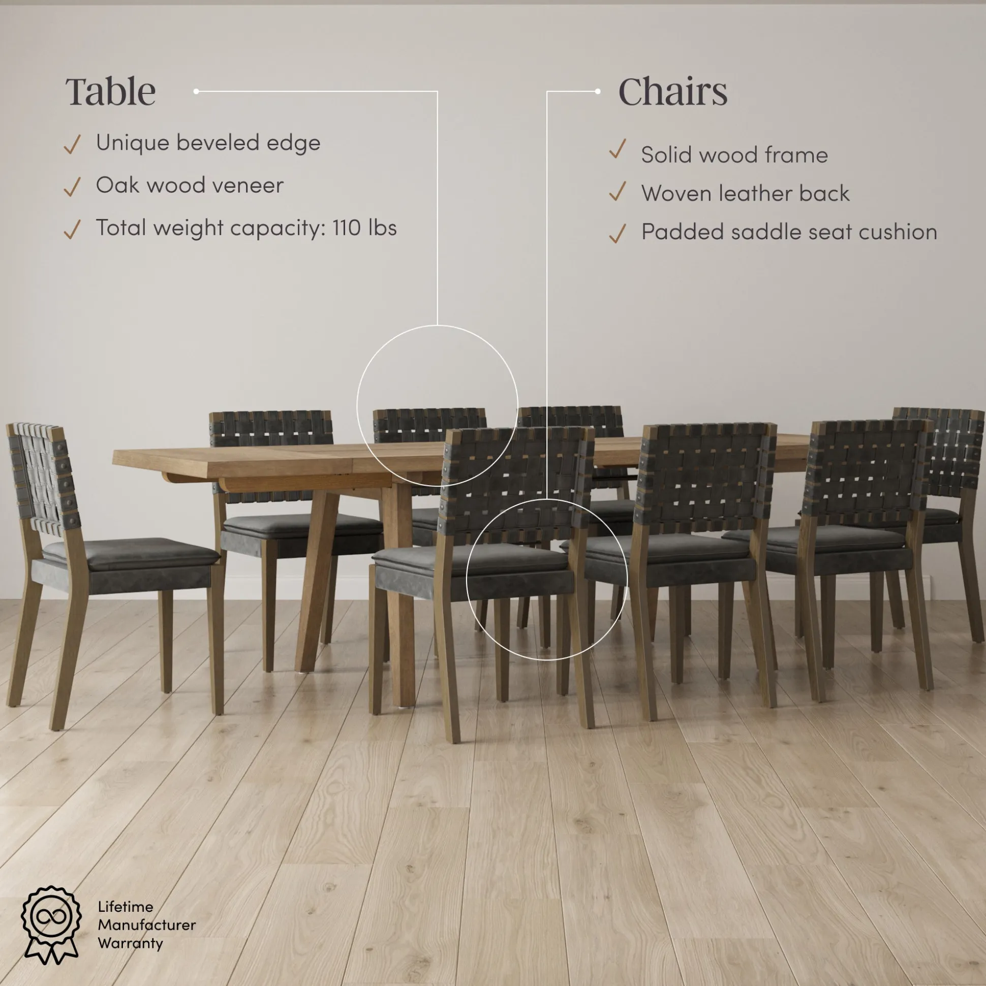 Extendable Woven Faux Leather Dining Set Black (8 Chairs)