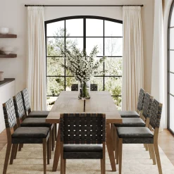 Extendable Woven Faux Leather Dining Set Black (8 Chairs)