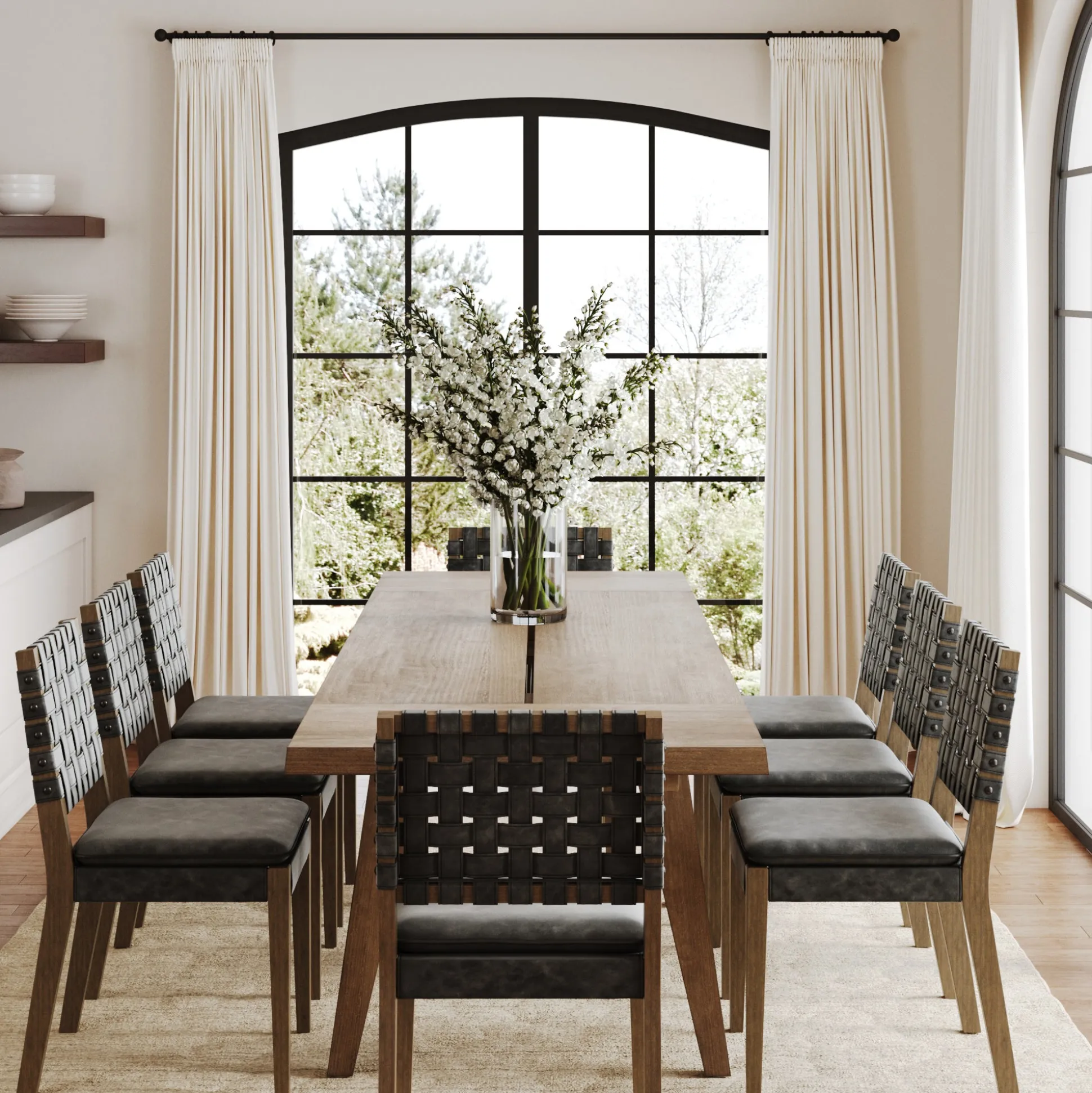 Extendable Woven Faux Leather Dining Set Black (8 Chairs)