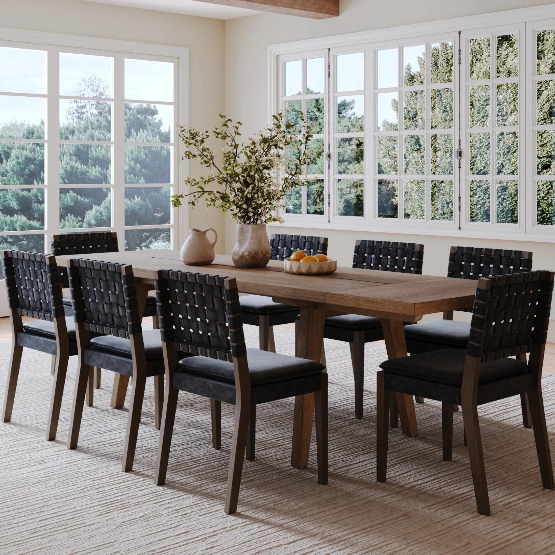 Extendable Woven Faux Leather Dining Set Black (8 Chairs)