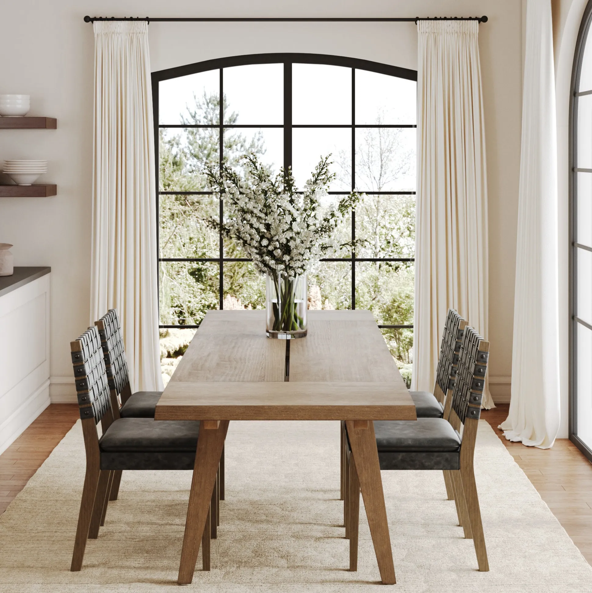 Extendable Woven Faux Leather Dining Set Black (4 Chairs)