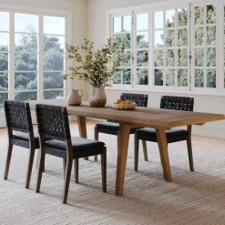 Extendable Woven Faux Leather Dining Set Black (4 Chairs)