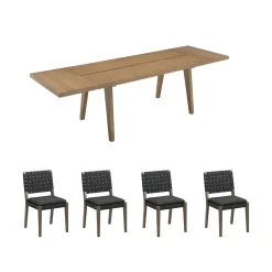 Extendable Woven Faux Leather Dining Set Black (4 Chairs)