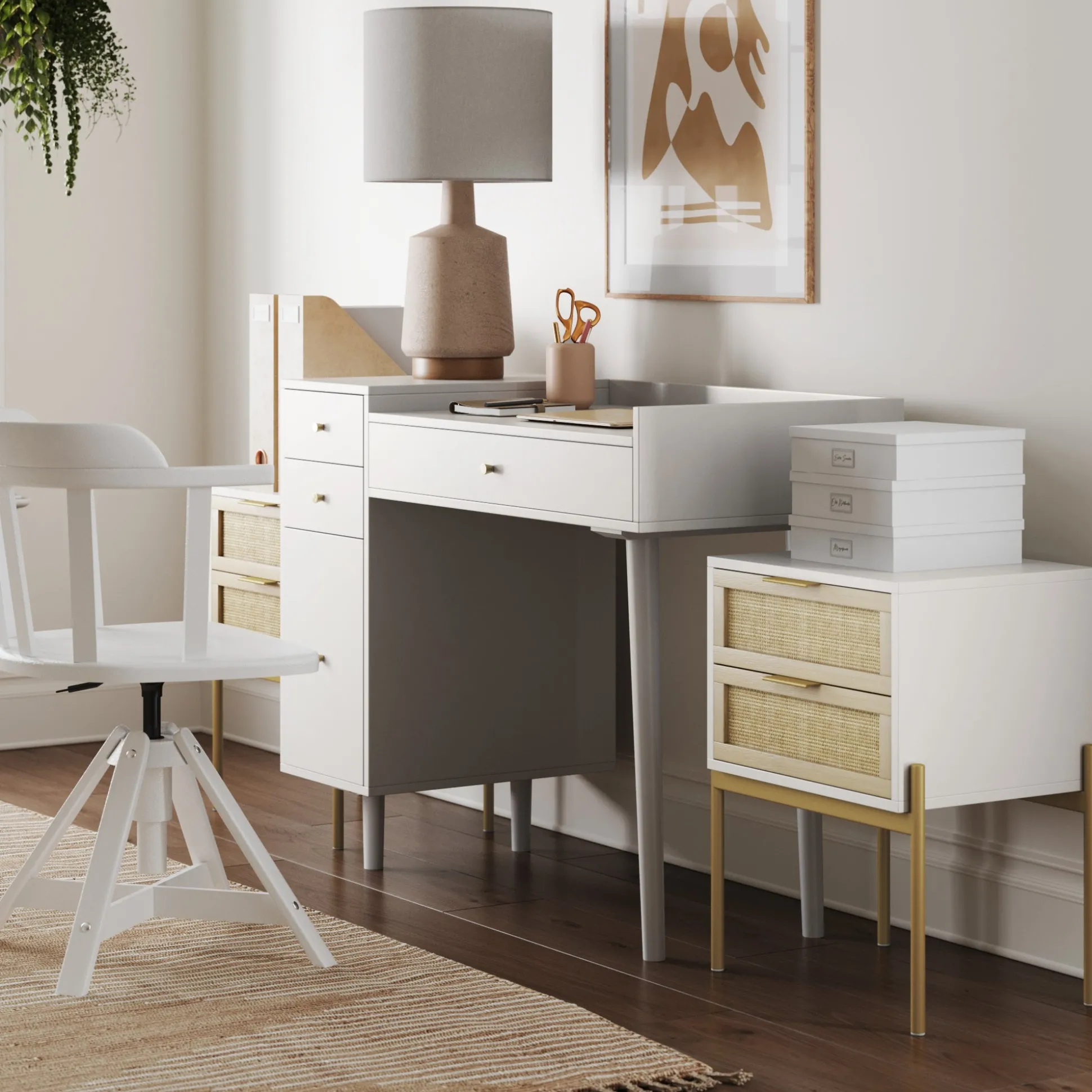 Farmhouse Wood Desk and End Table Bedroom Vanity Set