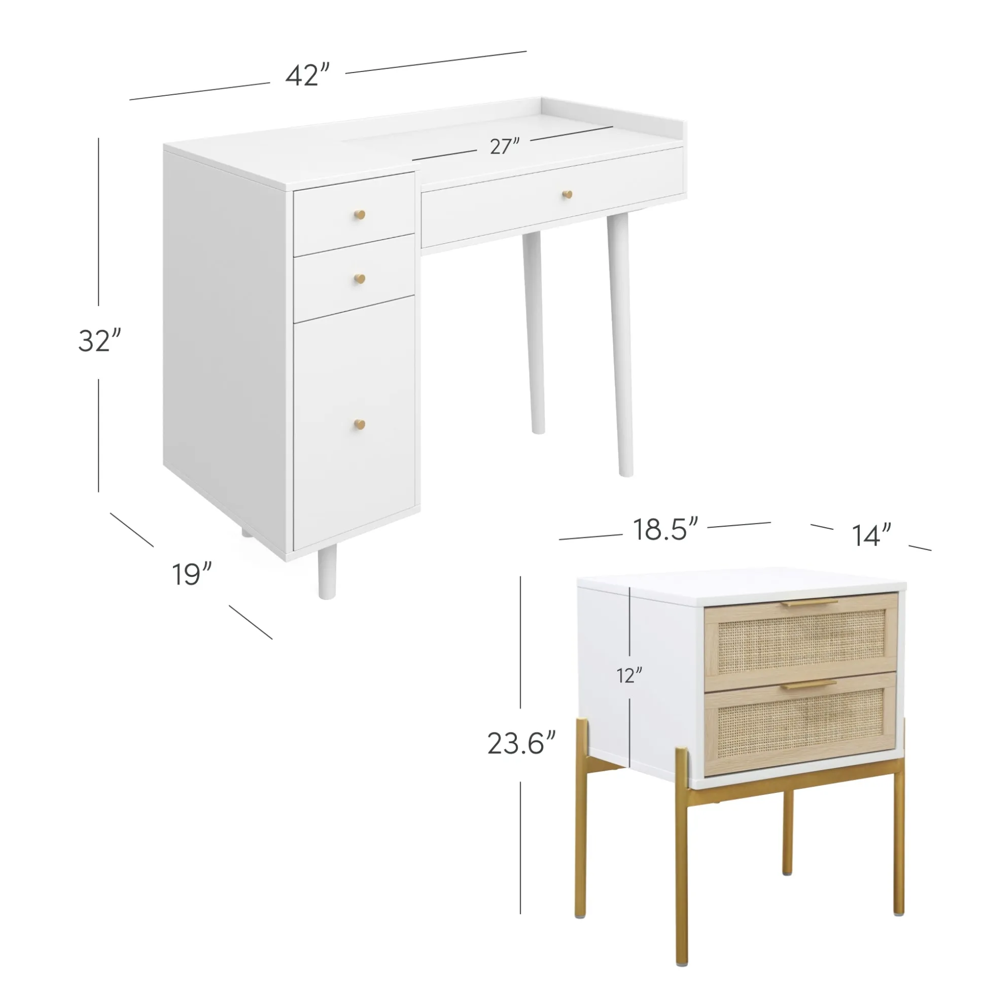 Farmhouse Wood Desk and End Table Bedroom Vanity Set