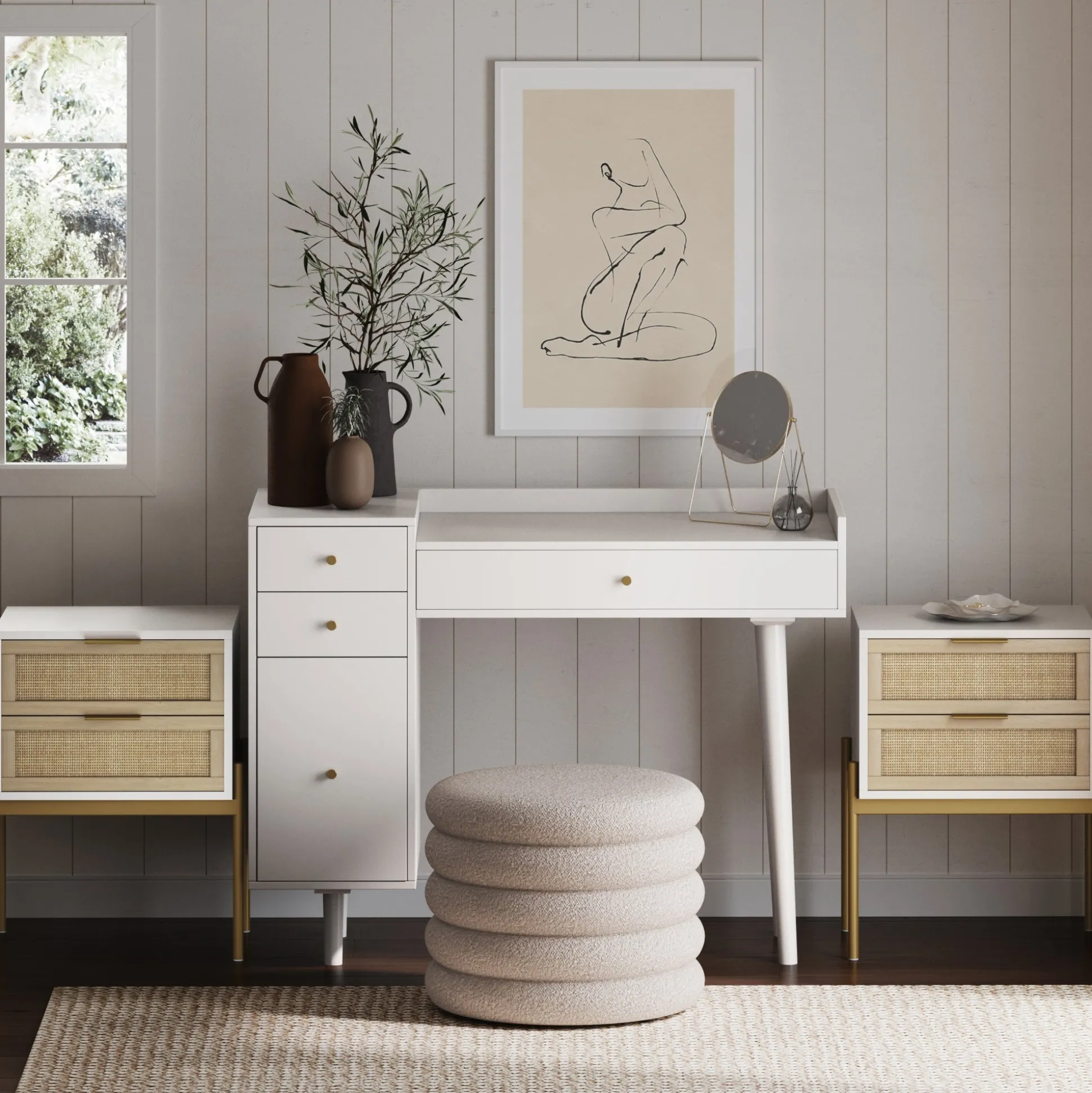 Farmhouse Wood Desk and End Table Bedroom Vanity Set