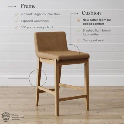 Faux Leather Counter Height Bar Stools Light Brown (Set of 3)