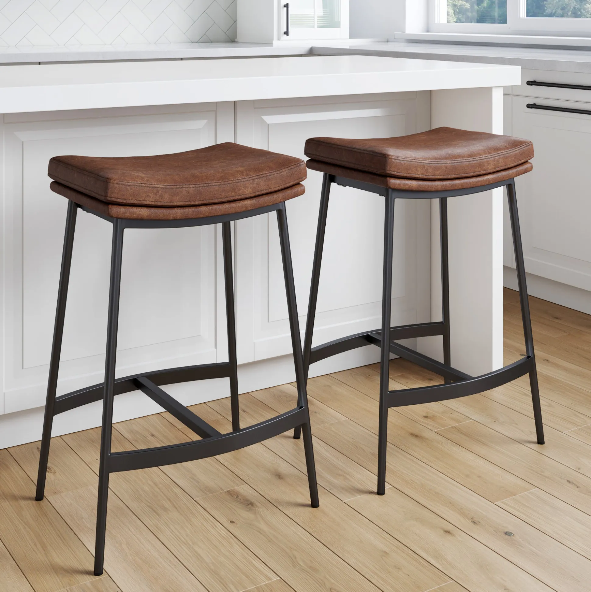 Faux Leather Counter Height Saddle Bar Stools (Set of 2)
