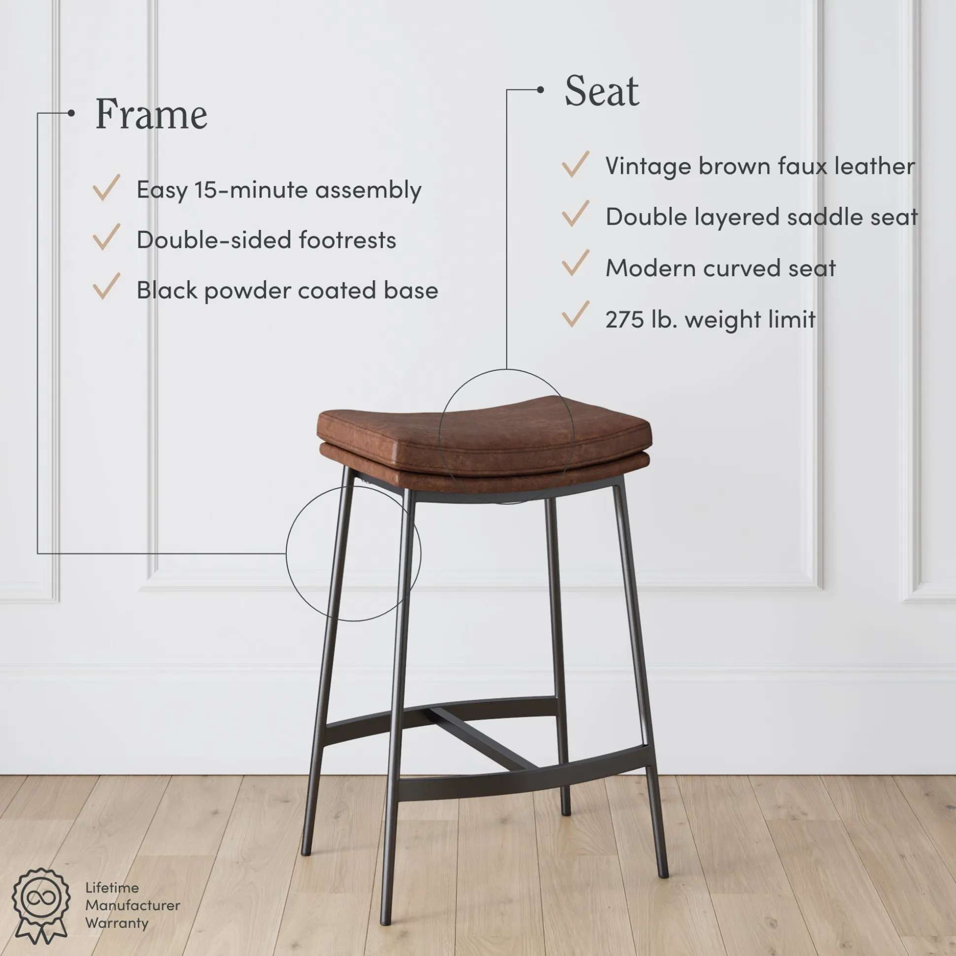 Faux Leather Counter Height Saddle Bar Stools (Set of 2)